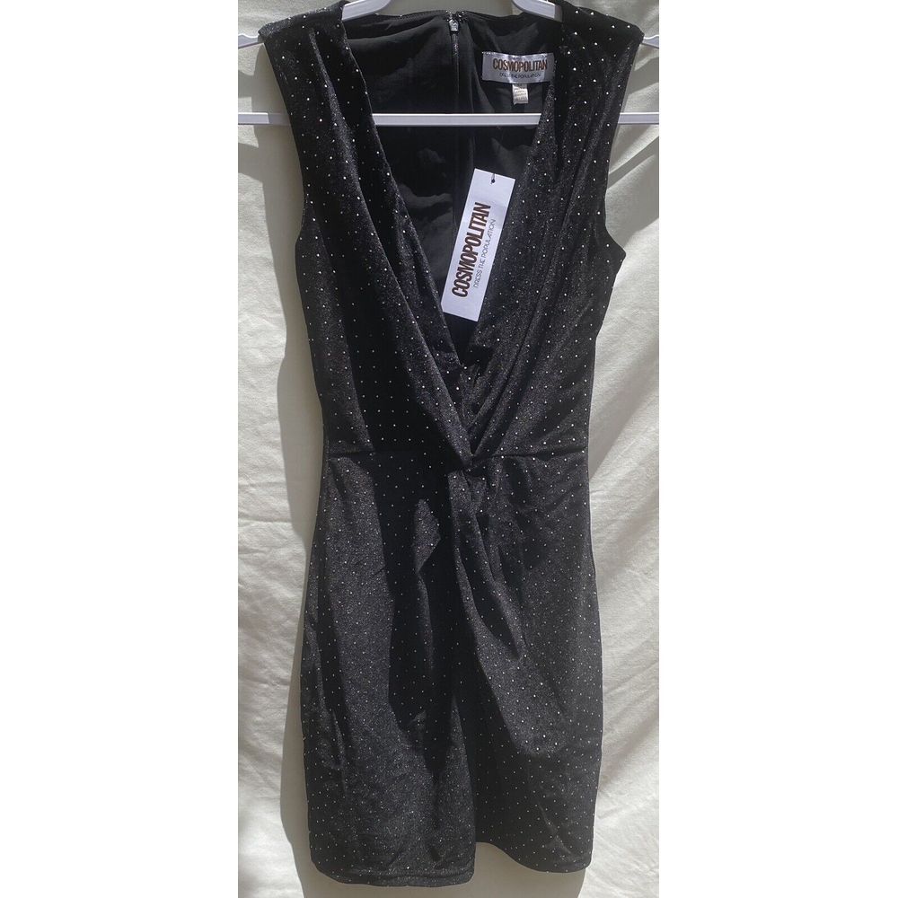 Dress the Population Alana Black Silver Polka Dot Twist Front Dress Medium NWT